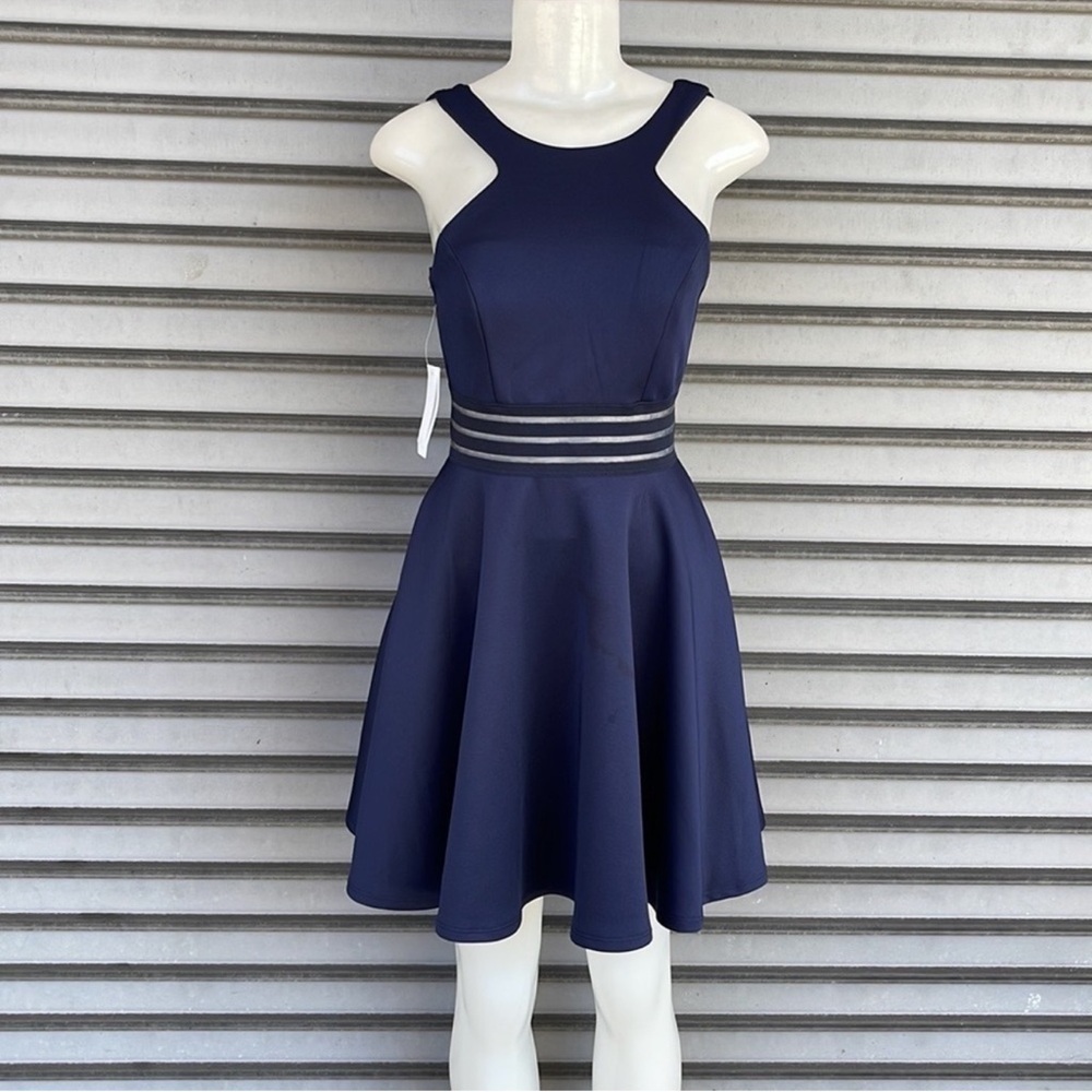 City Studio Navy Fit-and-Flare Mini Dress with Striped Waist Size 3 - Picture 2 of 11